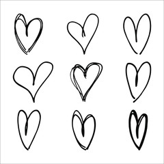 Hand drawn heart outline set. 
Rough thin pen lines scribble. Simple cute love and romantic icons. Abstract doodle heart shapes trendy minimal sketch.