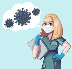 A doctor in a mask and uniform thinks about the problem of coronovirus
