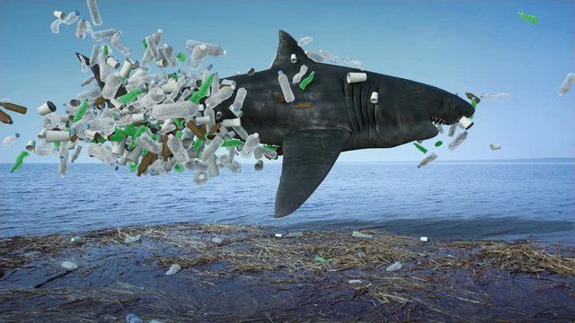 A large white shark flies over the surface of the ocean surrounded by plastic debris. Concept, environmental theme of disposable plastic waste pollution in the ocean and sea.