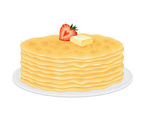 Pile of Pancakes or Crepe Served on Plate with Butter Slab on Top Vector Illustration