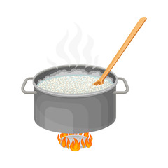 Cooking Rice Process with Mixing Grain in Saucepan Standing on Burner Vector Illustration