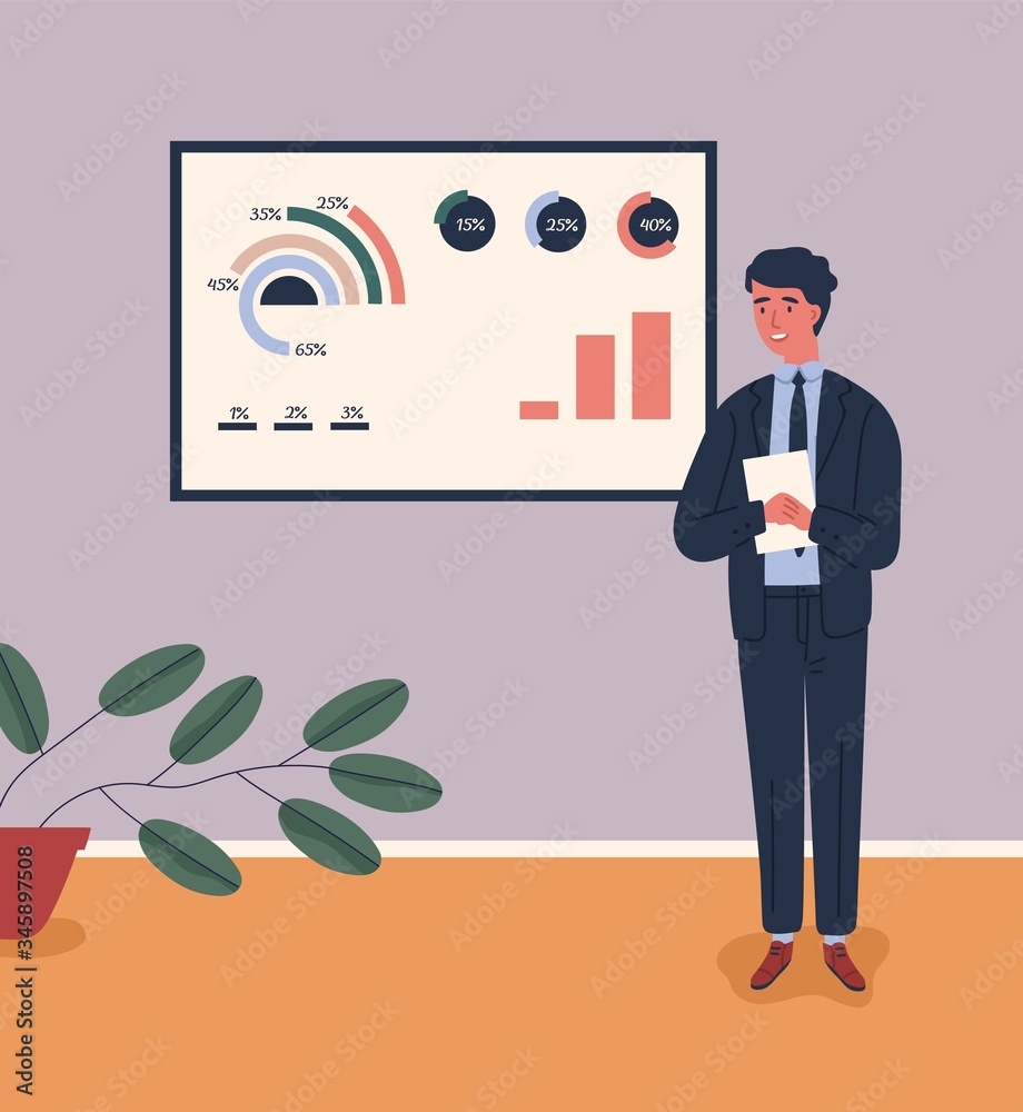 Aufkleber Business male character in suit talking near board with chart and diagram during presentation vector flat illustration. Man lecturer giving lecture. Guy presenting and explaining marketing data