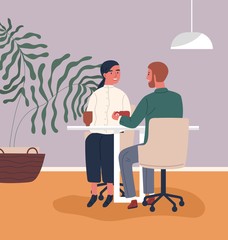 Happy couple drinking coffee at cafeteria together vector flat illustration. Colorful man and woman having date during lunch at cafe. Enamored people talking and smiling having lunch