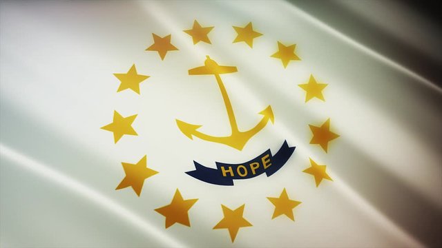4k Rhode Island flag;State in United States America;cloth texture slow seamless loop waving with visible wrinkles in wind USA sky background.A fully digital rendering;animation loops at 40 seconds.