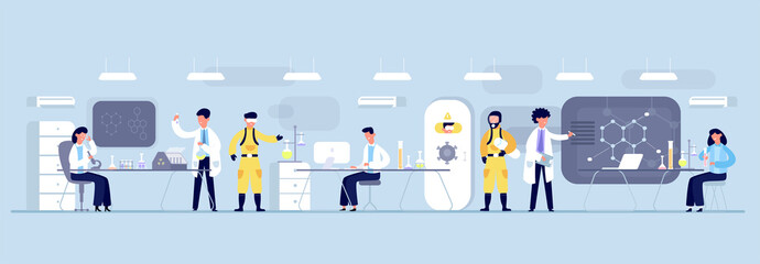 Vaccine development concept. Scientists biochemical laboratory spend bio-genetic tests coronovirus test tubes, analysis research, dna formula, microscope, protective suits. Vector flat illustration.