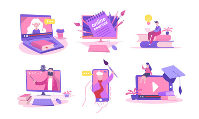 Online course set. Remote learning laptop smartphone with math digital video on-screen painting knowledge distance, remote webinar seminar, illustration online classes. Vector flat style.