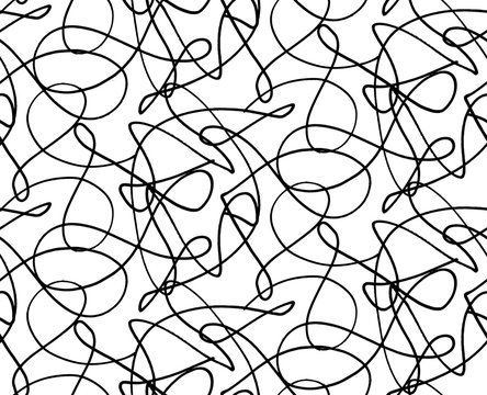 Squiggle pattern, seamless freehand texture. Random intersecting scribble lines. Doodle chaos repeated tile. Black and white vector background.