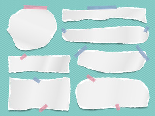 Torn of white note, notebook paper strips, pieces stuck with sticky tape on turquoise background. Vector illustration