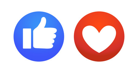 Flat hand and heart, signs of reaction in social networks. Dislike and emoticon, round blue symbol thumbs up, red icon with heart, love and like. Vector illustration.