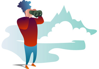 male character looking through a binoculars, flat vector illustration