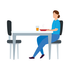 young woman stay at home eating in table vector illustration design