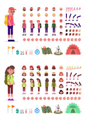 Hiking animation set. Male, female character scenes. Character creation with different look, hat hairstyle pose body parts equipment tourism color animation template. Vector clipart flat.