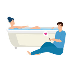 Obraz premium young couple stay at home in bathtub vector illustration design