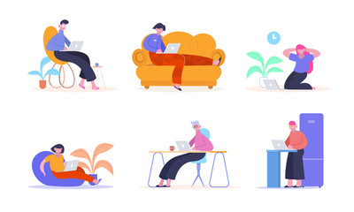 Work from home. People with laptops happily work remotely from home on couch chair ottoman creative color illustration professional freelancers online work. Vector flat style.