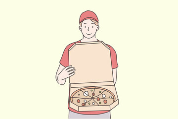 Pizza, online order, home food delivery concept. Young happy smiling man boy courier cartoon character standing with pizza cutting on slices. Fast supply service, ordering takeout or food at home.