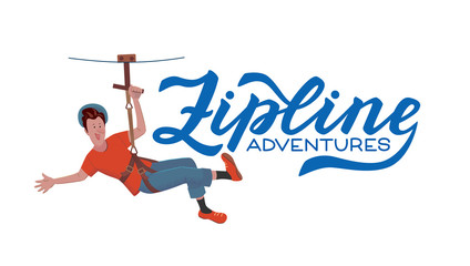 Vector script logo Zipline adventures  with illustration. Cheerful man in cartoon style is descending on a rope.