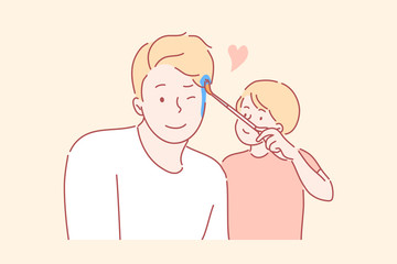 Childhood, fatherhood, game concept. Cartoon characters happy smiling little boy kid child son artist paints with brush on young man father face. Family love and leisure time flat vector illustration.