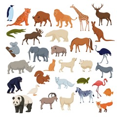 Obraz premium Wild home pets set. Wild animals bison elephant fox rhinoceros deer polar bear arctic fox, color cartoon vector, panda giraffe lion, elk, chimpanzee and domestic dog, cat, horse, duck, donkey.
