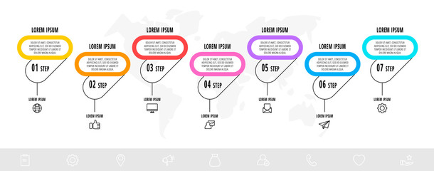 Vector infographics design template with 7 labels and icons. Vector line concept. Can be used for diagram, business, web, banner, workflow layout, presentations, flow chart, info graph, timeline