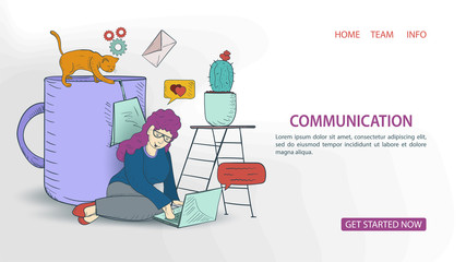 a girl with a laptop on the floor with a large Cup of tea banner for a Website Or Mobile Apps Artificial Intelligence Concept outline color Vector Illustration in Doodle style