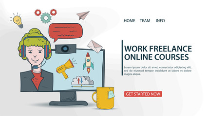 banner remote learning Internet freelancing courses For a Website Or Mobile App Artificial Intelligence Concept outline color Vector Illustration in Doodle style