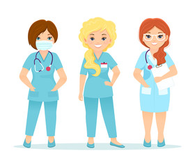 Set of vector nurse characters. Cartoon illustratoin.