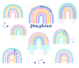 Set of vector rainbows with text. Rainbow with clouds.