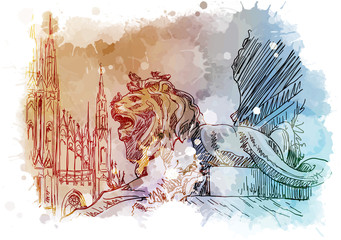 Monument for Victor Emmanuel with lions on a Cathedral Square in Milan, Italy. Vintage design. Linear sketch on a watercolor textured background. EPS10 vector illustration