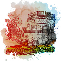 Mausoleum of Theodoric, Ravenna, Italy. Vintage design. Linear sketch on a watercolor textured background. EPS10 vector illustration