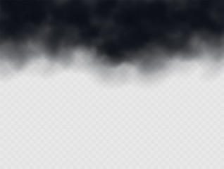 Black smoke cloud, stormy weather. Air pollution concept. Black cloudiness or smog. Realistic thick dark cloud effect. Vector illustration.