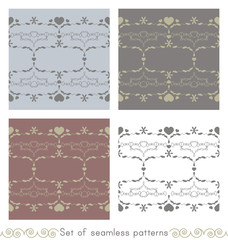 Set of seamless patterns with little hearts. Color light blue, light green, white, grey and burgundy red . Vector.