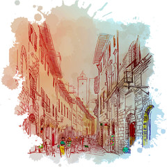 Street panorama in San Gimignano, Italy. Vintage design. Linear sketch on a watercolor textured background. EPS10 vector illustration