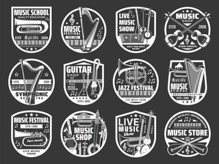 Music shop, jazz and folk live music festival vector icons. Musical instruments store and guitar shop, musician school , orchestra band saxophone, piano and harp, folk mandolin and sitar icons