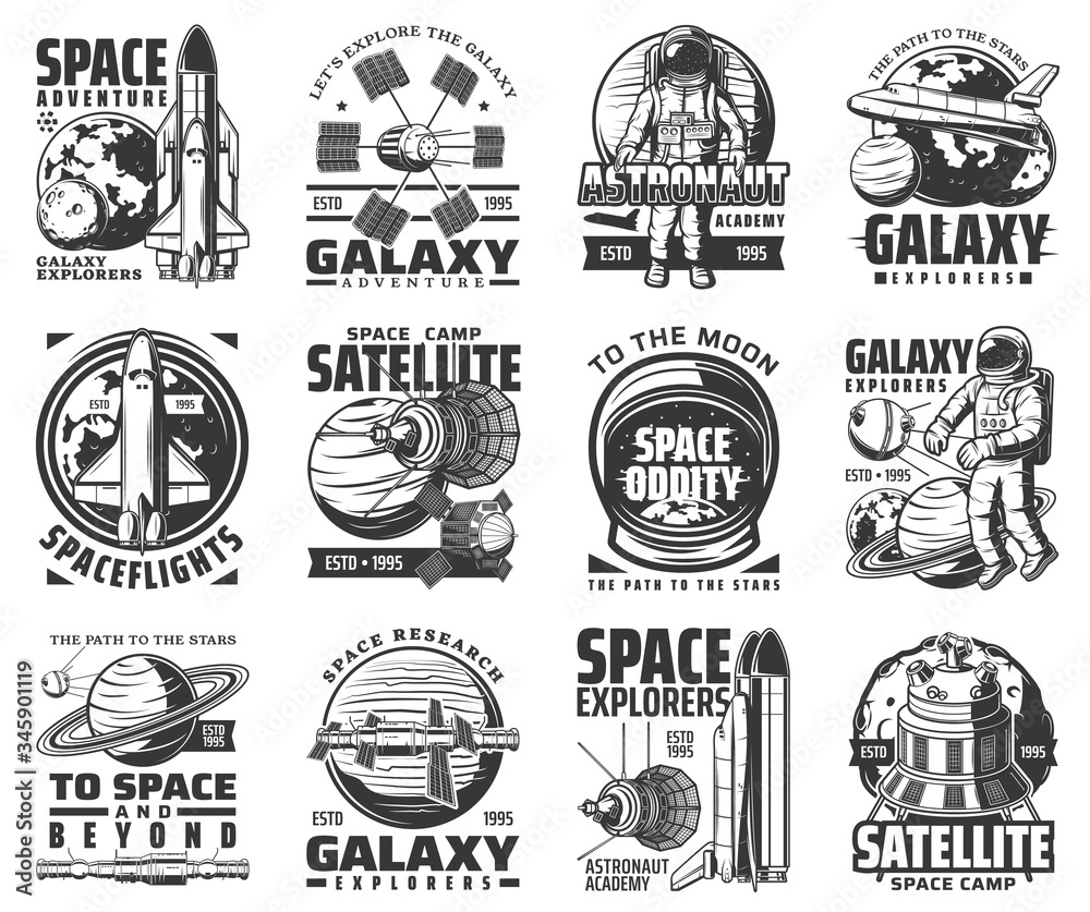 Poster galaxy exploration and outer space adventure vector icons. astronaut academy and satellite space cam