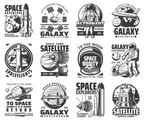 Galaxy exploration and outer space adventure vector icons. Astronaut academy and satellite space camp sign, moon and Saturn planets, spaceship and space shuttle explorer, orbital station © Vector Tradition