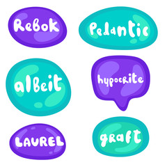 Set of stickers on different shapes. Collection of vector multicolored glossy stickers on white background. Teens millenials culture. Cool expression, slang, comics, gaming style, web, speech bubbles