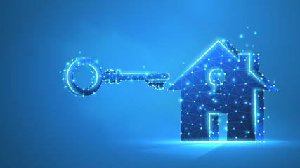 Home with a key. Real estate, house safety, and property concept. Low poly, wireframe 3d vector illustration. Abstract polygonal img on blue neon background