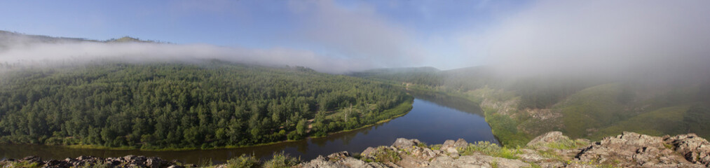 Beautiful panorama of nature. Photographed on a foggy morning, near the Ingoda River.