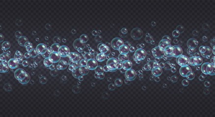Stripe of soap bubbles. Abstract floating shampoo, bath lather line composition isolated on a transparent background. Realistic suds vector illustration.