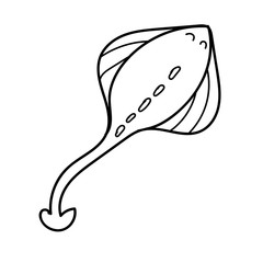 vector element, black and white drawing of a marine inhabitant, cute stingray, coloring book