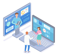 Isometric computer display, laptop with website. Woman patient with broken hand in gypsum consulting with two sawbones, surgeon through online medical cabinet. Concept of virtual medicine at distance