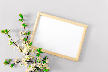 A photo frame and spring floral branches with cherry blossoms. White blank for inspirational or...