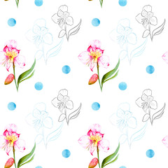 Fototapeta na wymiar watercolor drawing of exotic flowers with contour - seamless pattern