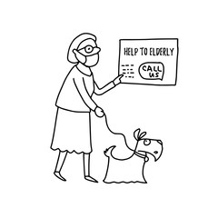 Volunteering concept vector illustration. Elderly woman reading announcement about help during covid-19 pandemic.