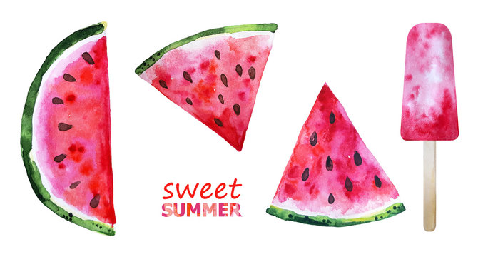 Set of red watermelon slice and pink popsicle. Red fruit set. Fresh Summer watercolor illustration. Sweets isolated on white background