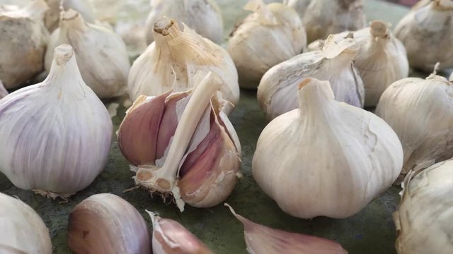 Fresh raw dry spice garlic bulb with segments on wooden background