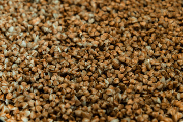 Buckwheat porridge with mushrooms. Selective focus.