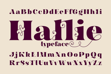 Classic vector font set named Hallie with elegant curly shapes