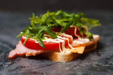 Delicious sandwich with ham and sturgeon, arugula, cheese, tomato and mayonnaise on a gray...