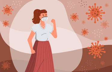 Portrait of woman wear face medical mask call to fight with virus at flat background. Flying virus pathogen, woman protected from virus with shell. Cartoon character in vector style protesting